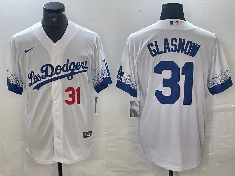 Mens Los Angeles Dodgers #31 Tyler Glasnow Number White 2021 City Connect Cool Base Stitched Jerseys